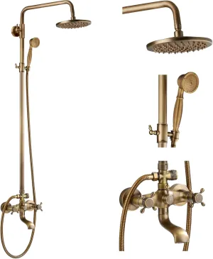 gotonovo Exposed Bathroom Shower Faucet Wall Mounted Outdoor Shower System 8 Inch Shower Head and Tub Spout Double Cross Handles Adjustable Handheld Sprayer without Shower Shelf Antique Brass