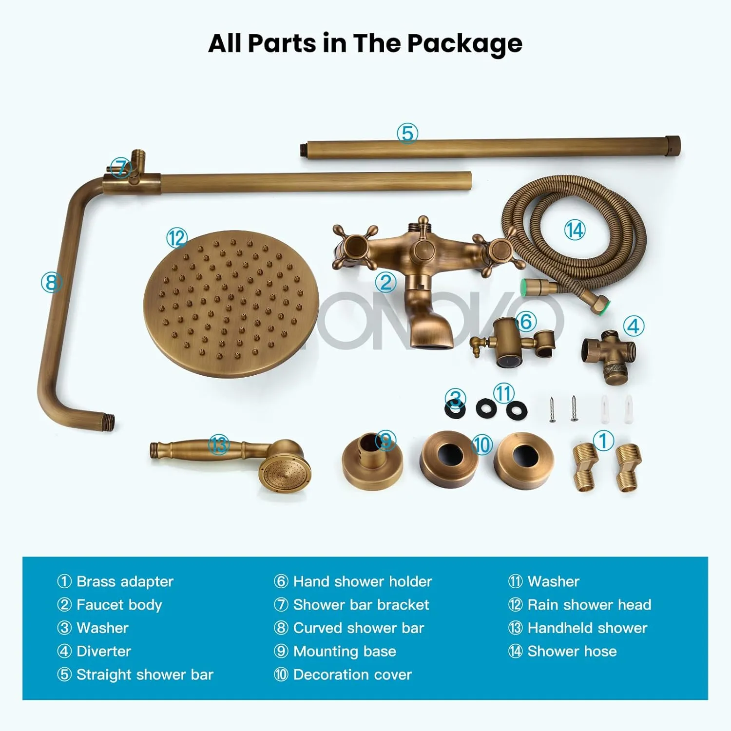 gotonovo Exposed Bathroom Shower Faucet Wall Mounted Outdoor Shower System 8 Inch Shower Head and Tub Spout Double Cross Handles Adjustable Handheld Sprayer without Shower Shelf Antique Brass