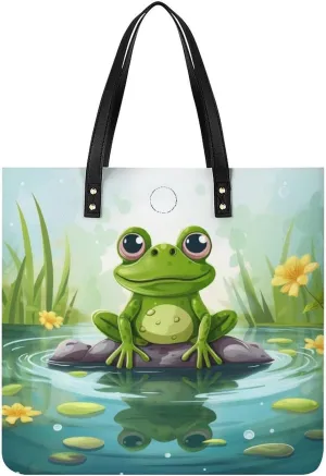 Grocery Bags Frog In A Pond Bag for Women Lightweight Beach Bag Shoulder Bags for Travel Shopping Work Handbag