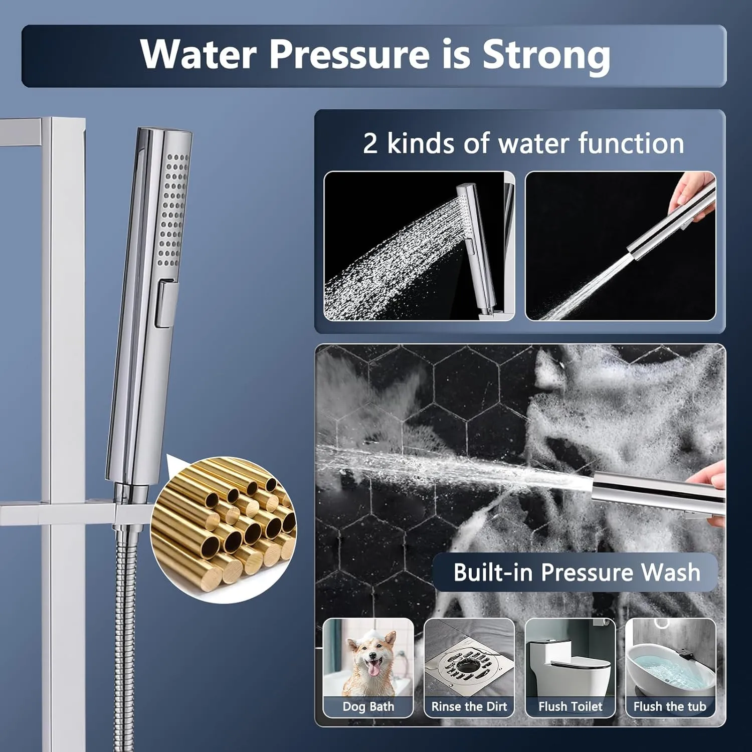 Handheld Shower Head with Slide Bar Combo, 27.5-Inch Adjustable Height Slide Bar, High Perssure Handheld Shower Head with 6.6ft Extra Long Hose, Brass Wall Supply Elbow, Chrome