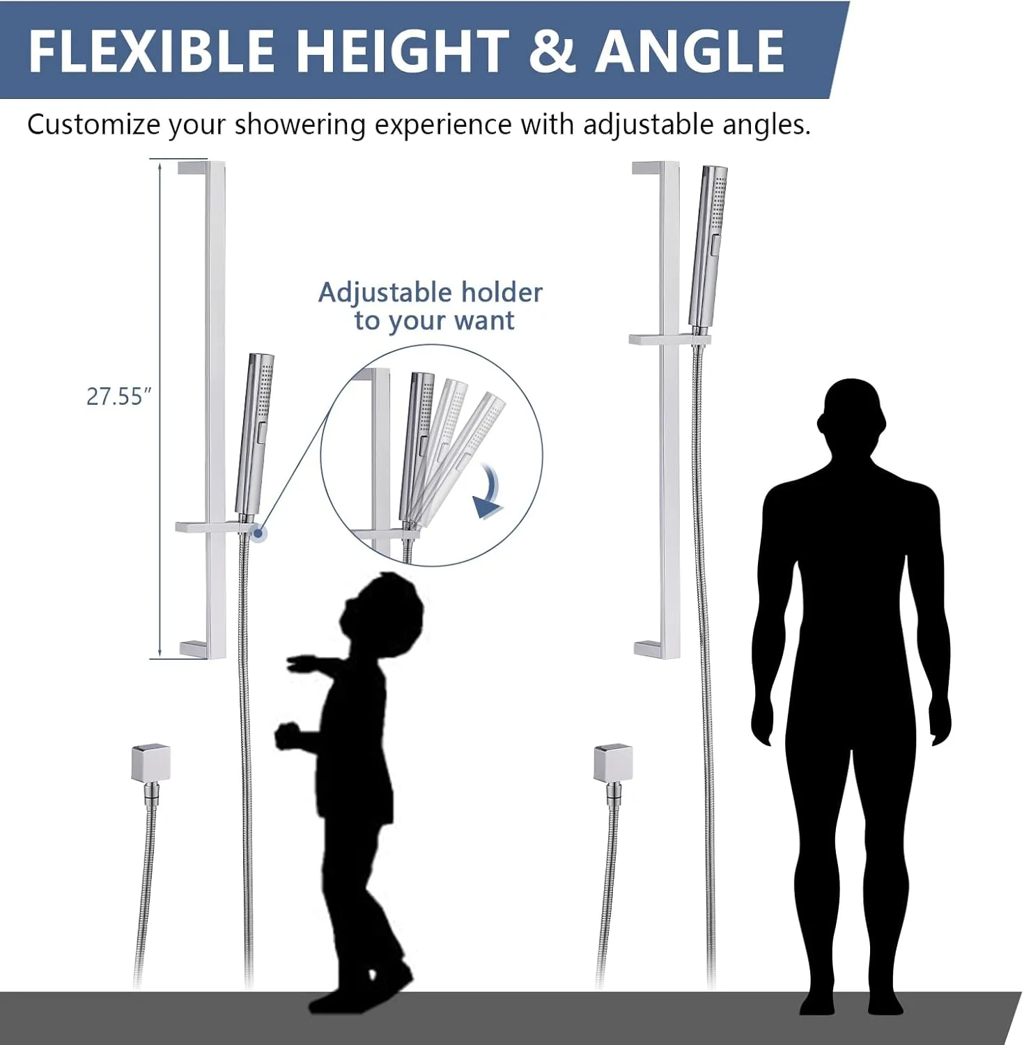 Handheld Shower Head with Slide Bar Combo, 27.5-Inch Adjustable Height Slide Bar, High Perssure Handheld Shower Head with 6.6ft Extra Long Hose, Brass Wall Supply Elbow, Chrome