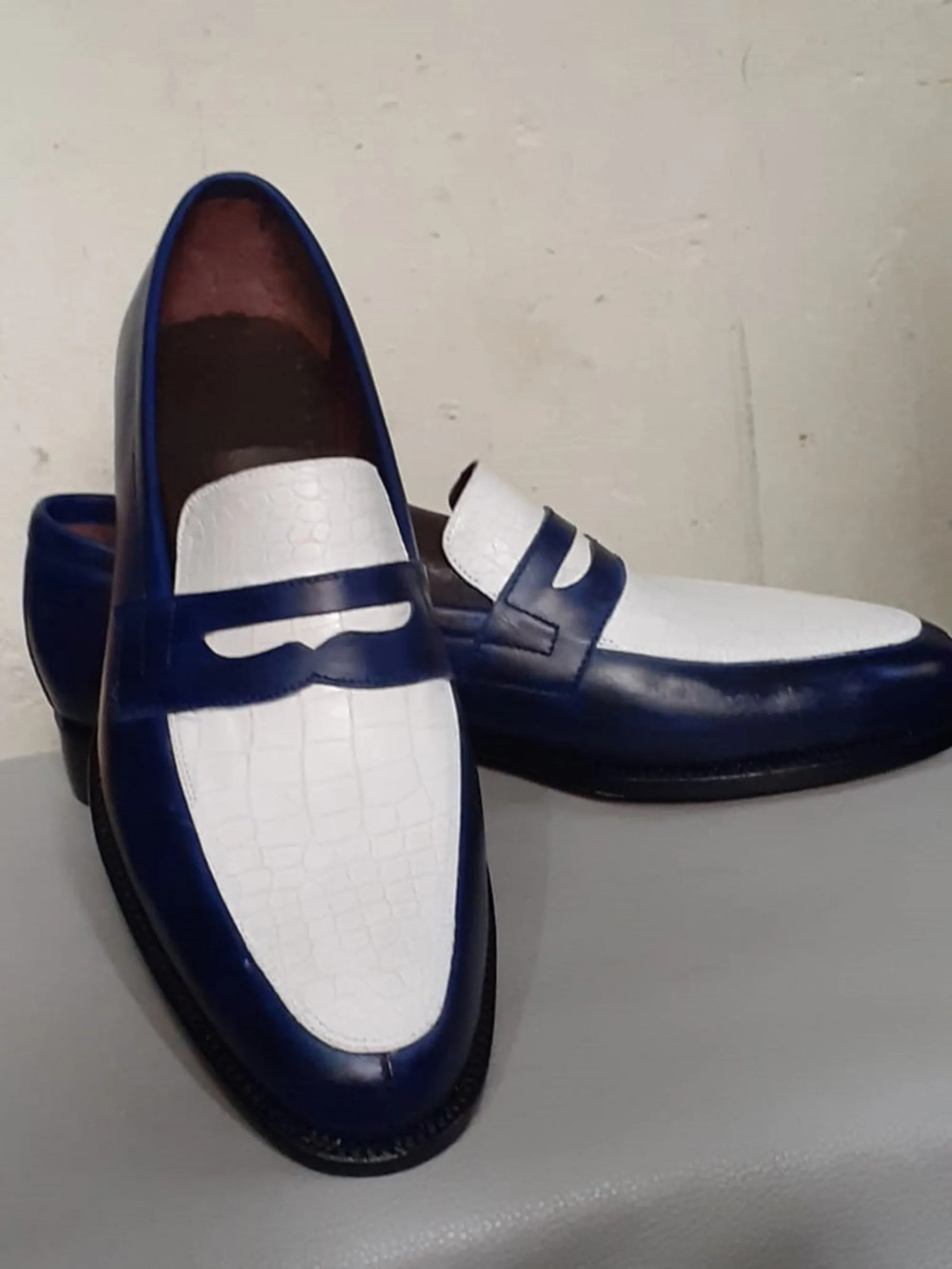 Handmade White & Blue Color Genuine Leather Stylish Loafers Apron Toe  Shoes For Men's