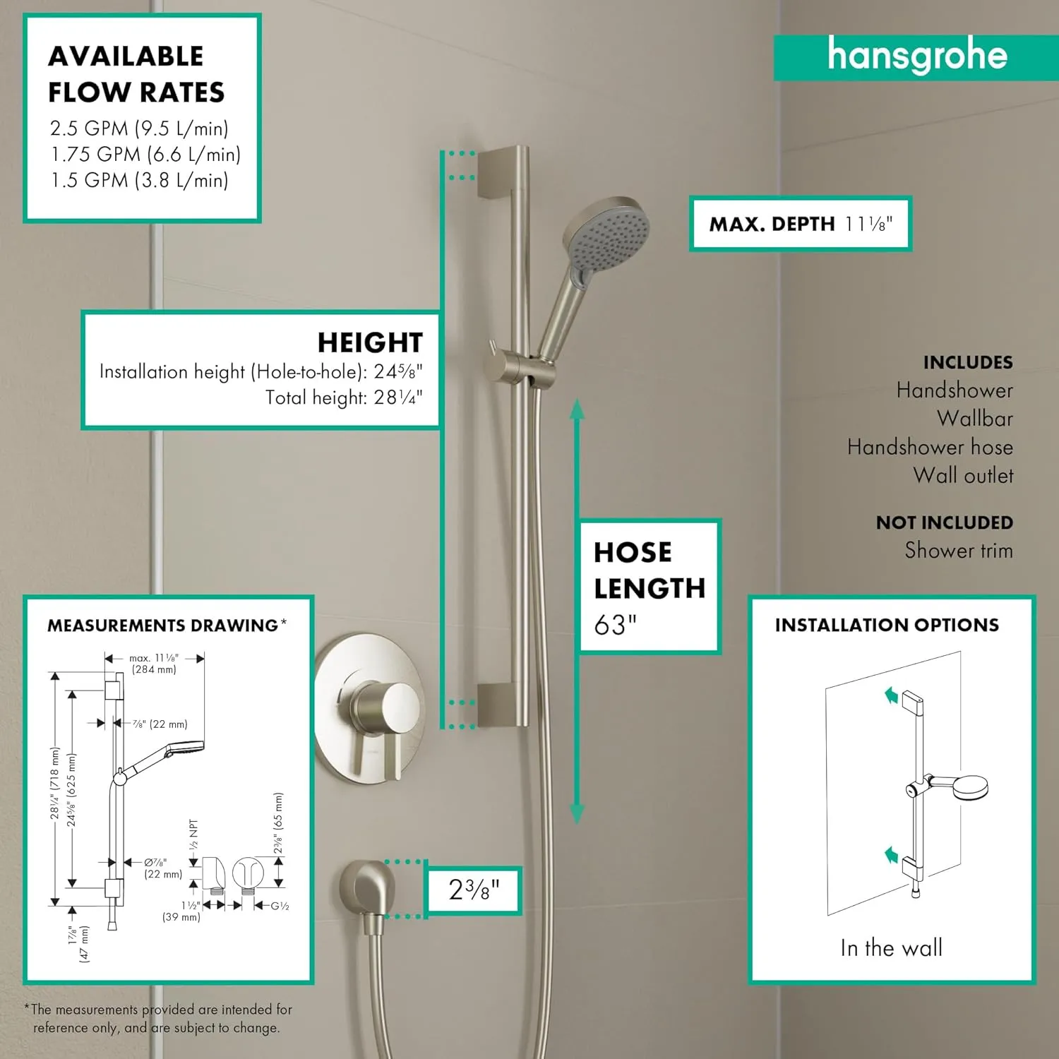 hansgrohe Vernis Blend 11-inch 3-Spray Handshower with Slide Bar and Hose, Rain, IntenseRain, Handheld Shower Head System in Matte Black, 04970670