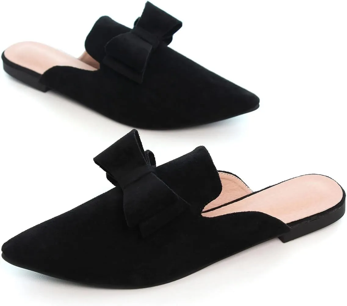 Hee grand Women's Mules Bowknot Suede Comfortable Slip On Flats Closed Pointed Toe Backless Loafers Mules for Women