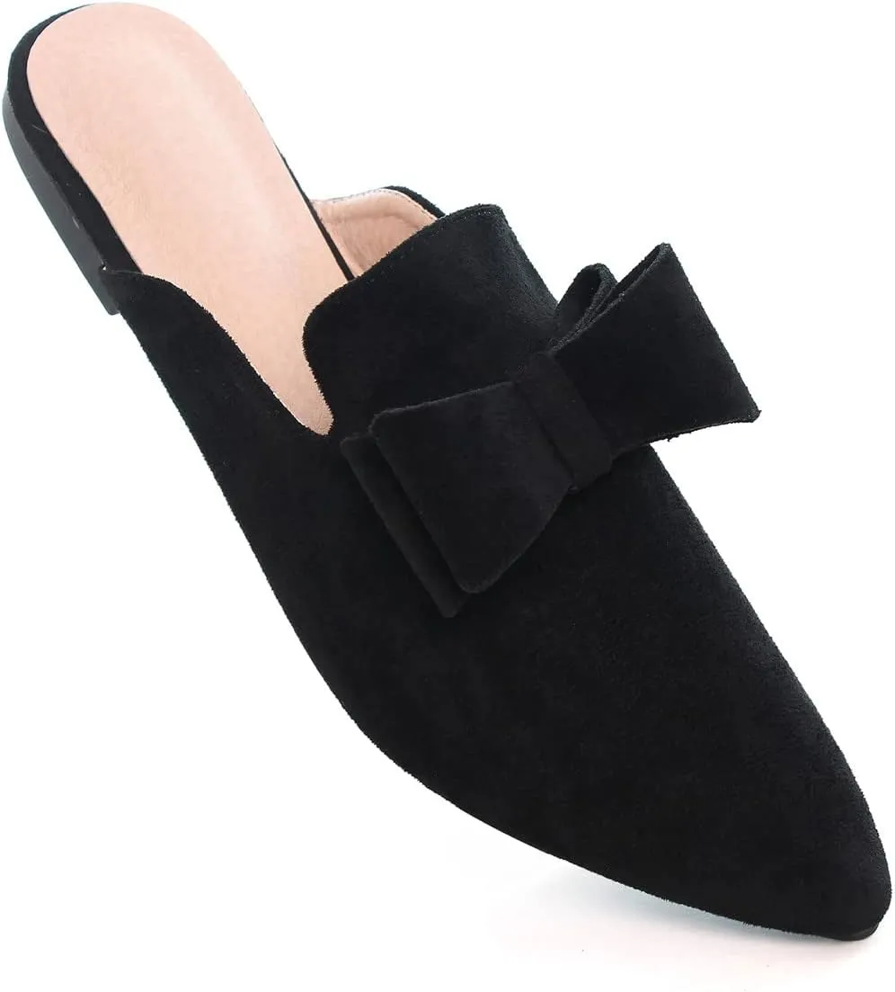 Hee grand Women's Mules Bowknot Suede Comfortable Slip On Flats Closed Pointed Toe Backless Loafers Mules for Women