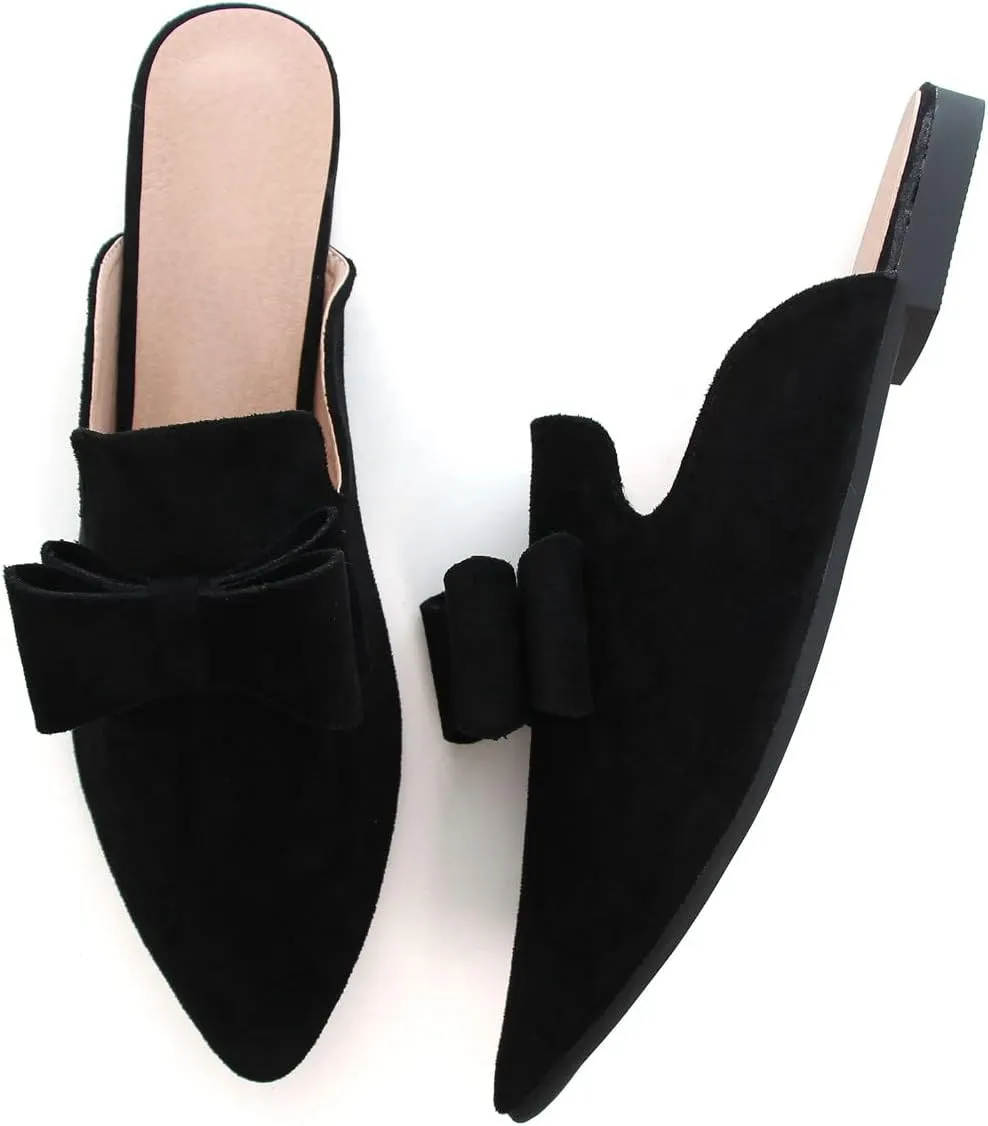 Hee grand Women's Mules Bowknot Suede Comfortable Slip On Flats Closed Pointed Toe Backless Loafers Mules for Women