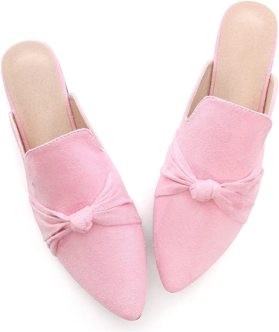 Hee grand Women's Mules Bowknot Suede Comfortable Slip On Flats Closed Pointed Toe Backless Loafers Mules for Women