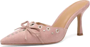 Heeled Mules for Women Pointed Toe Suede Heels Bow Tie Slip On Pumps