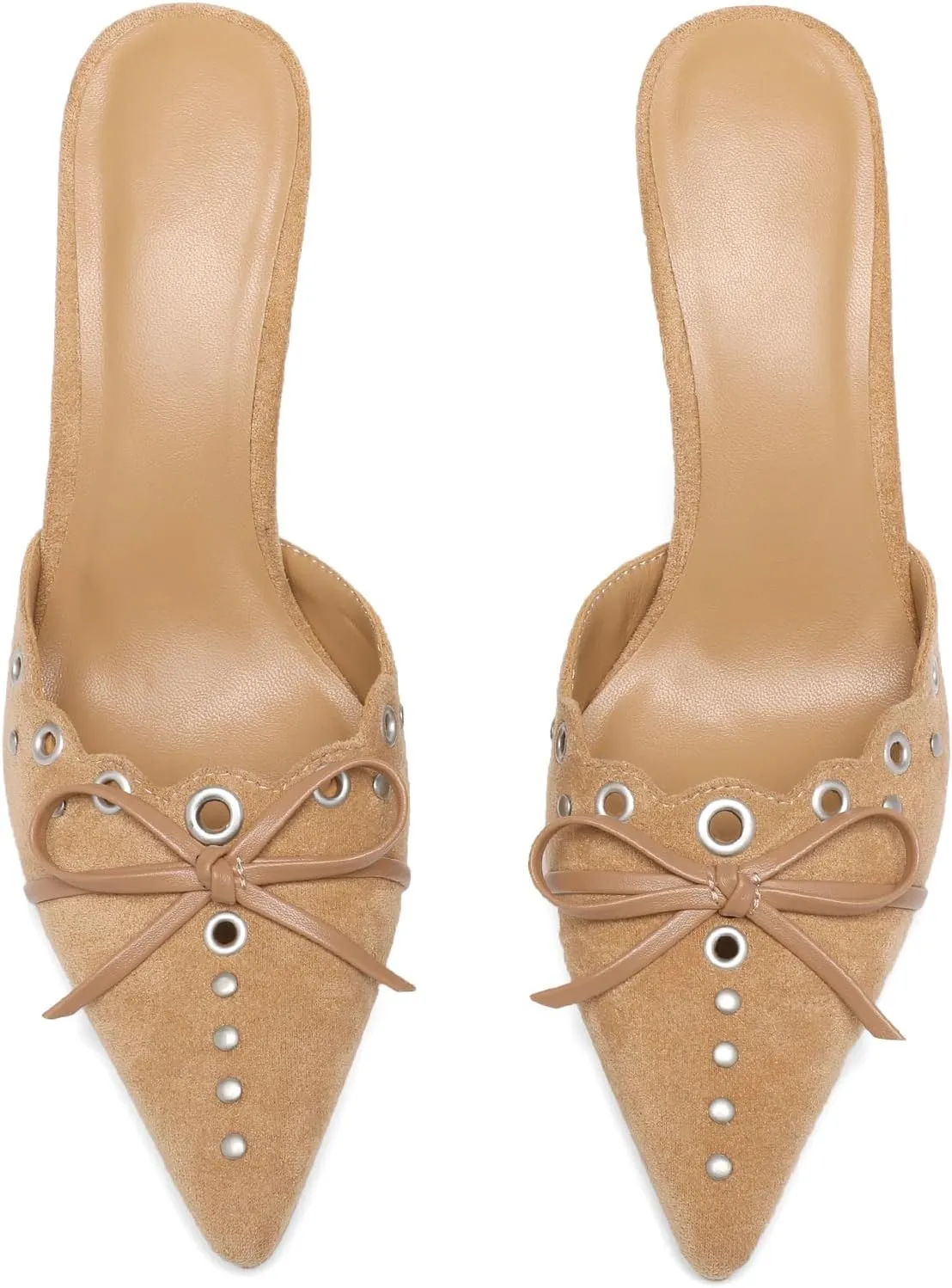 Heeled Mules for Women Pointed Toe Suede Heels Bow Tie Slip On Pumps