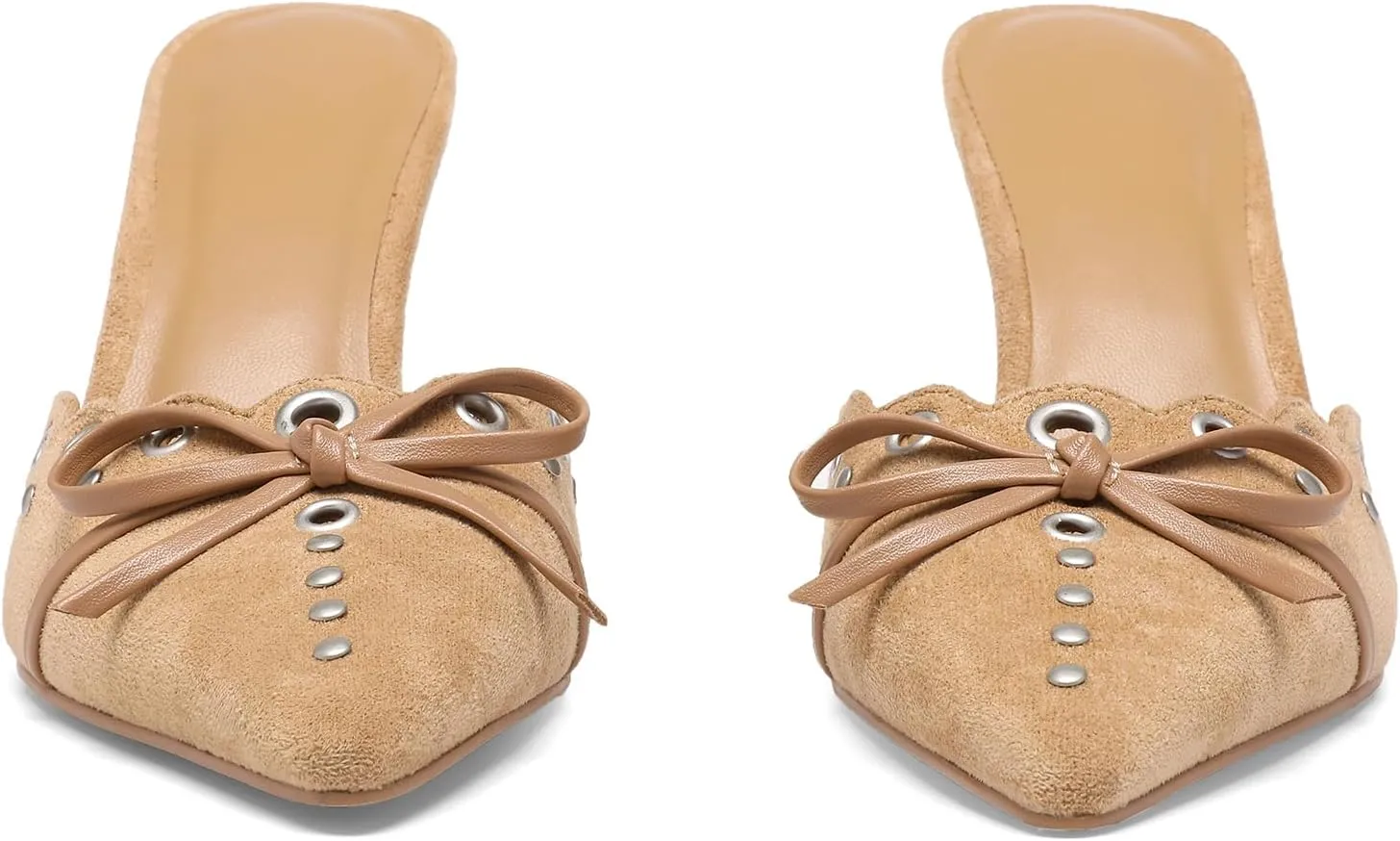 Heeled Mules for Women Pointed Toe Suede Heels Bow Tie Slip On Pumps