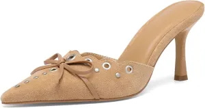 Heeled Mules for Women Pointed Toe Suede Heels Bow Tie Slip On Pumps