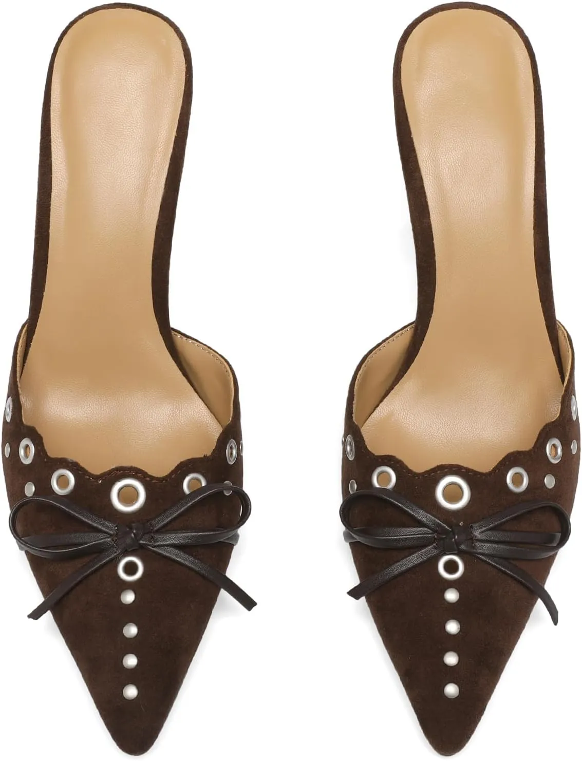 Heeled Mules for Women Pointed Toe Suede Heels Bow Tie Slip On Pumps