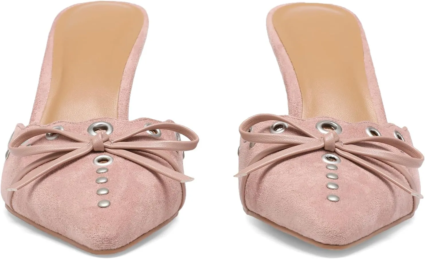 Heeled Mules for Women Pointed Toe Suede Heels Bow Tie Slip On Pumps