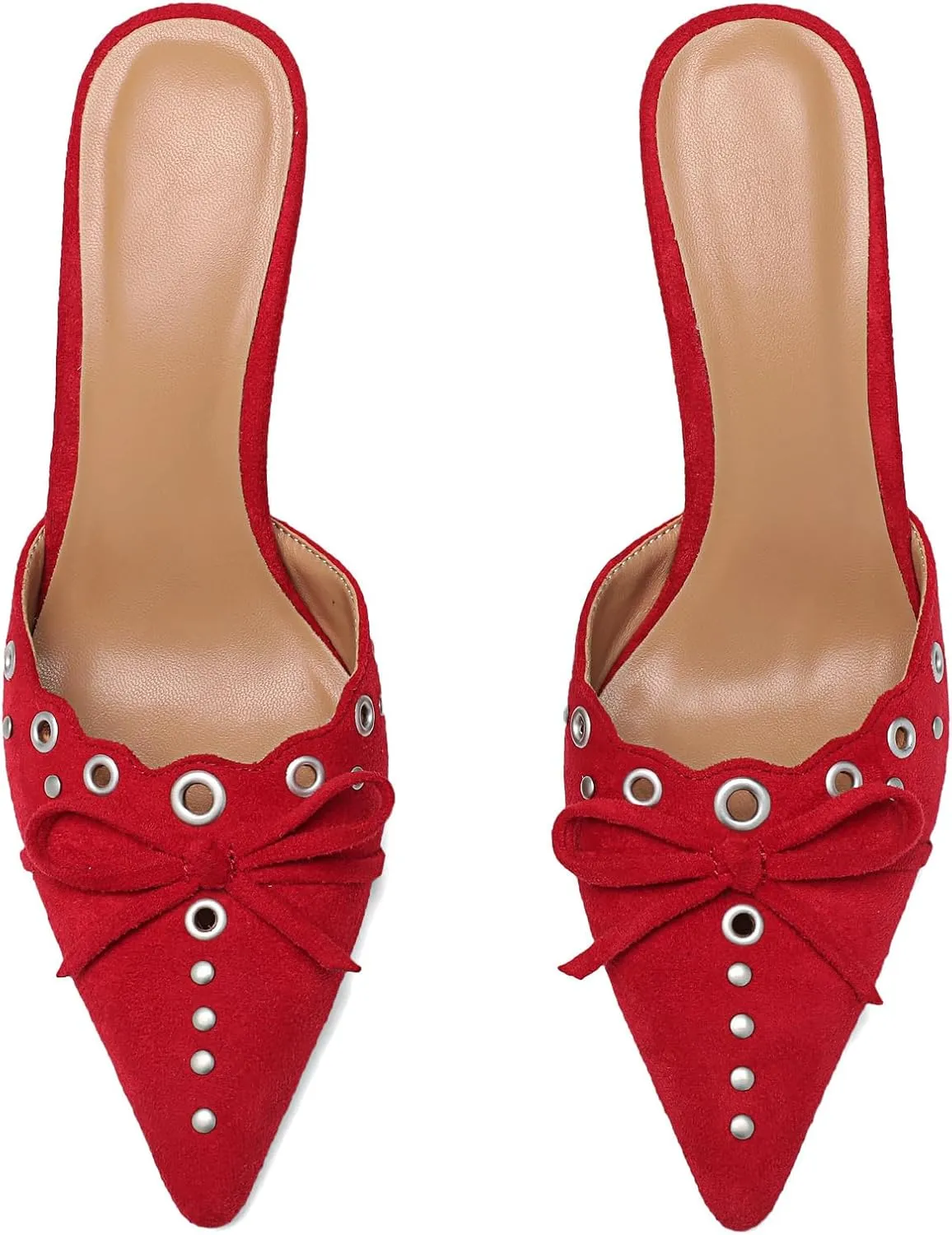 Heeled Mules for Women Pointed Toe Suede Heels Bow Tie Slip On Pumps