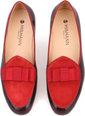 HI&HANN Men's Velvet and Nubuck Leather Stitching with Bowtie Flats Shoes Slip-on Loafer Smoking Slipper