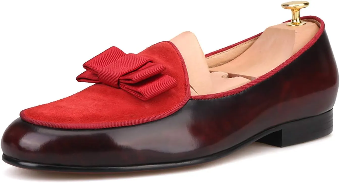 HI&HANN Men's Velvet and Nubuck Leather Stitching with Bowtie Flats Shoes Slip-on Loafer Smoking Slipper