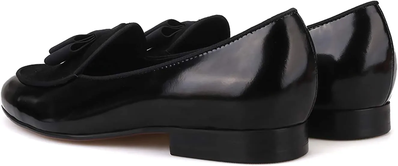 HI&HANN Men's Velvet and Nubuck Leather Stitching with Bowtie Flats Shoes Slip-on Loafer Smoking Slipper