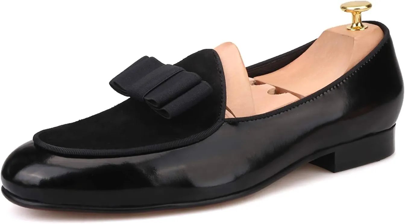 HI&HANN Men's Velvet and Nubuck Leather Stitching with Bowtie Flats Shoes Slip-on Loafer Smoking Slipper