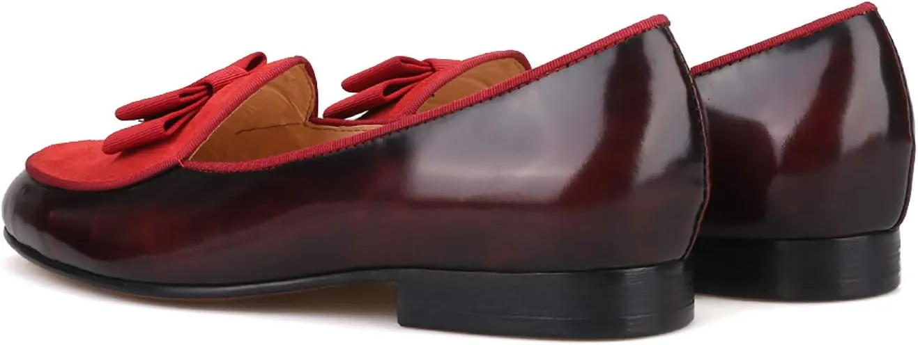 HI&HANN Men's Velvet and Nubuck Leather Stitching with Bowtie Flats Shoes Slip-on Loafer Smoking Slipper