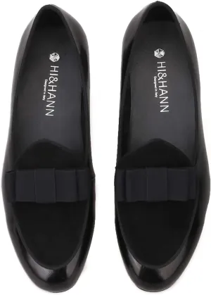HI&HANN Men's Velvet and Nubuck Leather Stitching with Bowtie Flats Shoes Slip-on Loafer Smoking Slipper