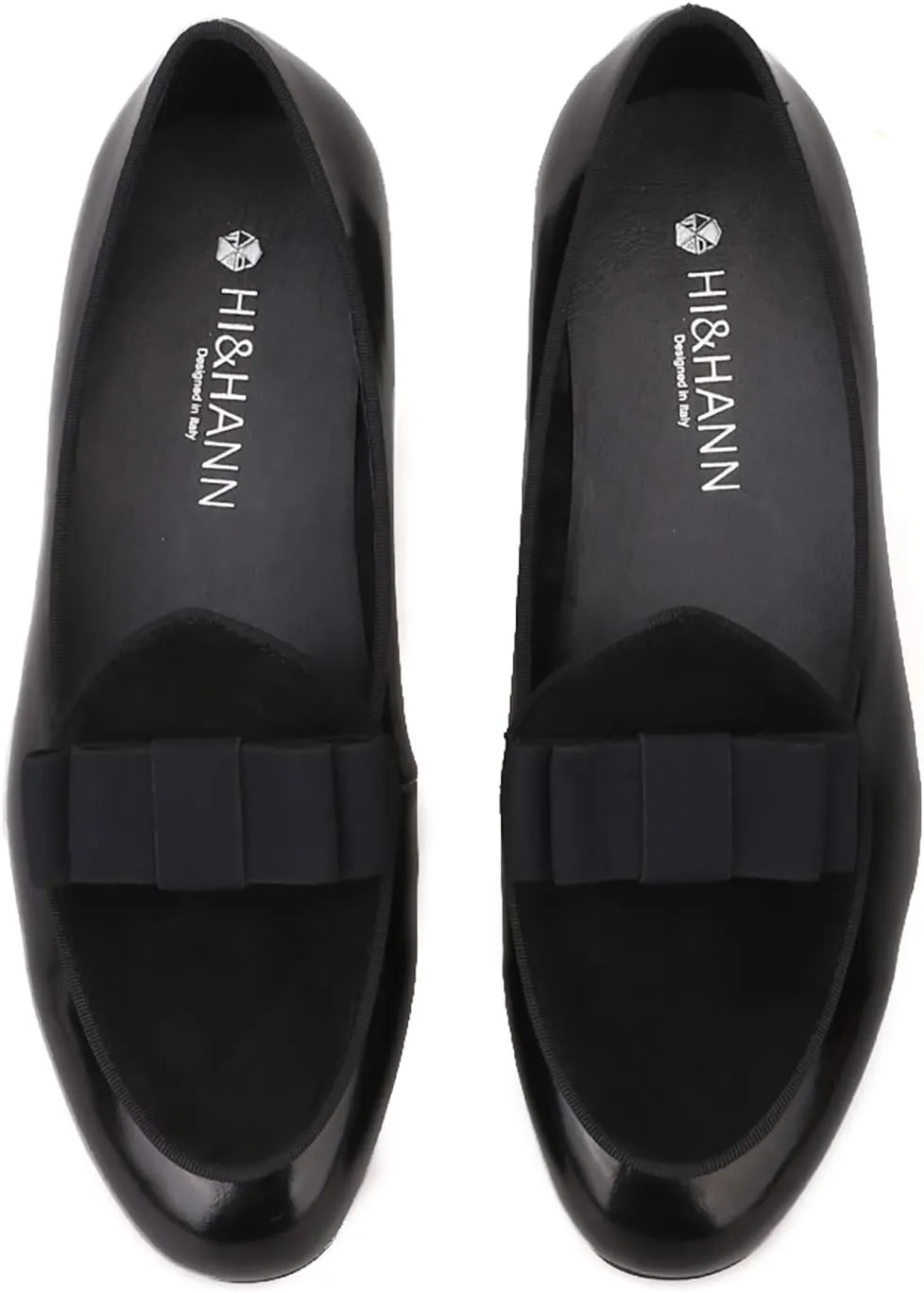HI&HANN Men's Velvet and Nubuck Leather Stitching with Bowtie Flats Shoes Slip-on Loafer Smoking Slipper