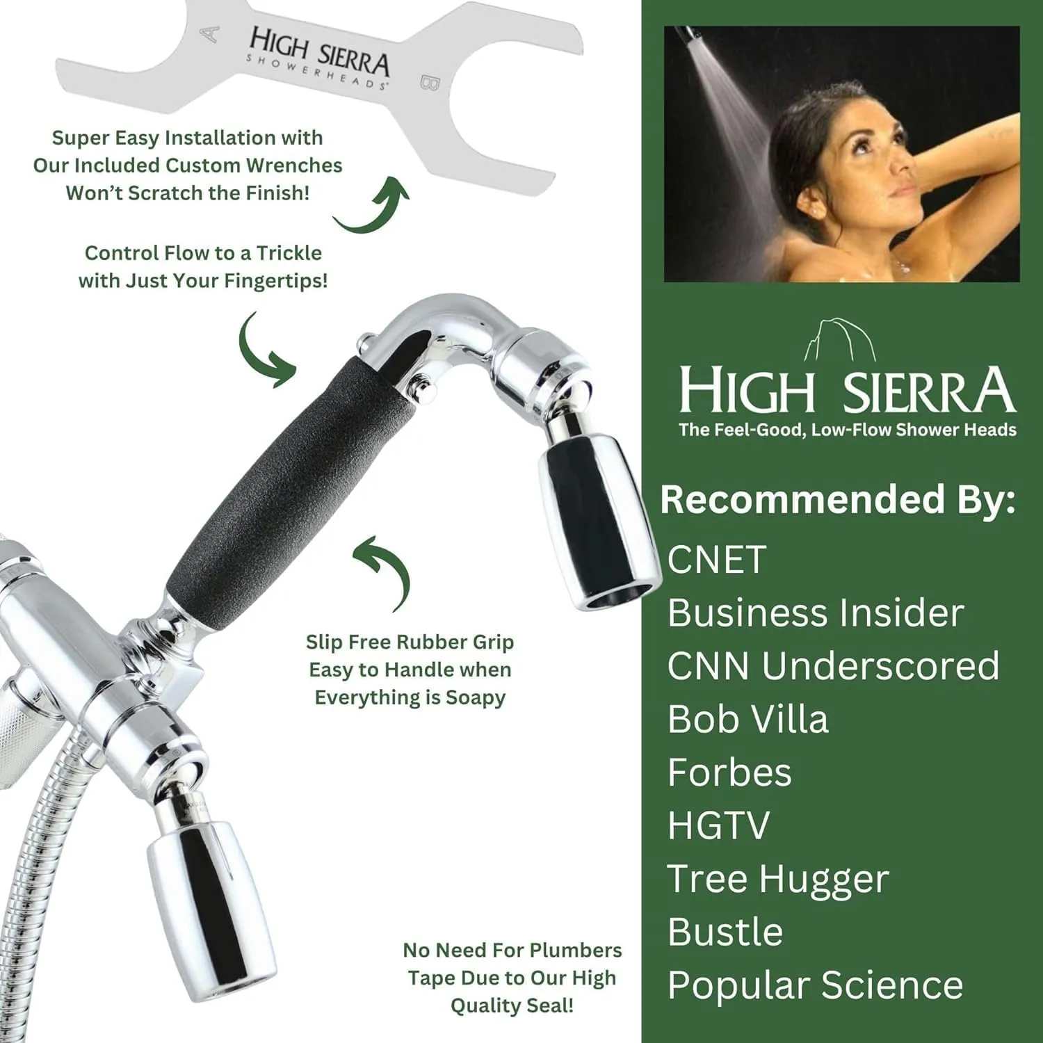 High Sierra® - Solid Metal 4-Way Combo CLASSIC™ Fixed and Hanheld Shower Heads with Slipped Free Rubber Grip. Run Separately or Both at Full Flow - 1.8 GPM per Shower Head - Brushed Gold Finish