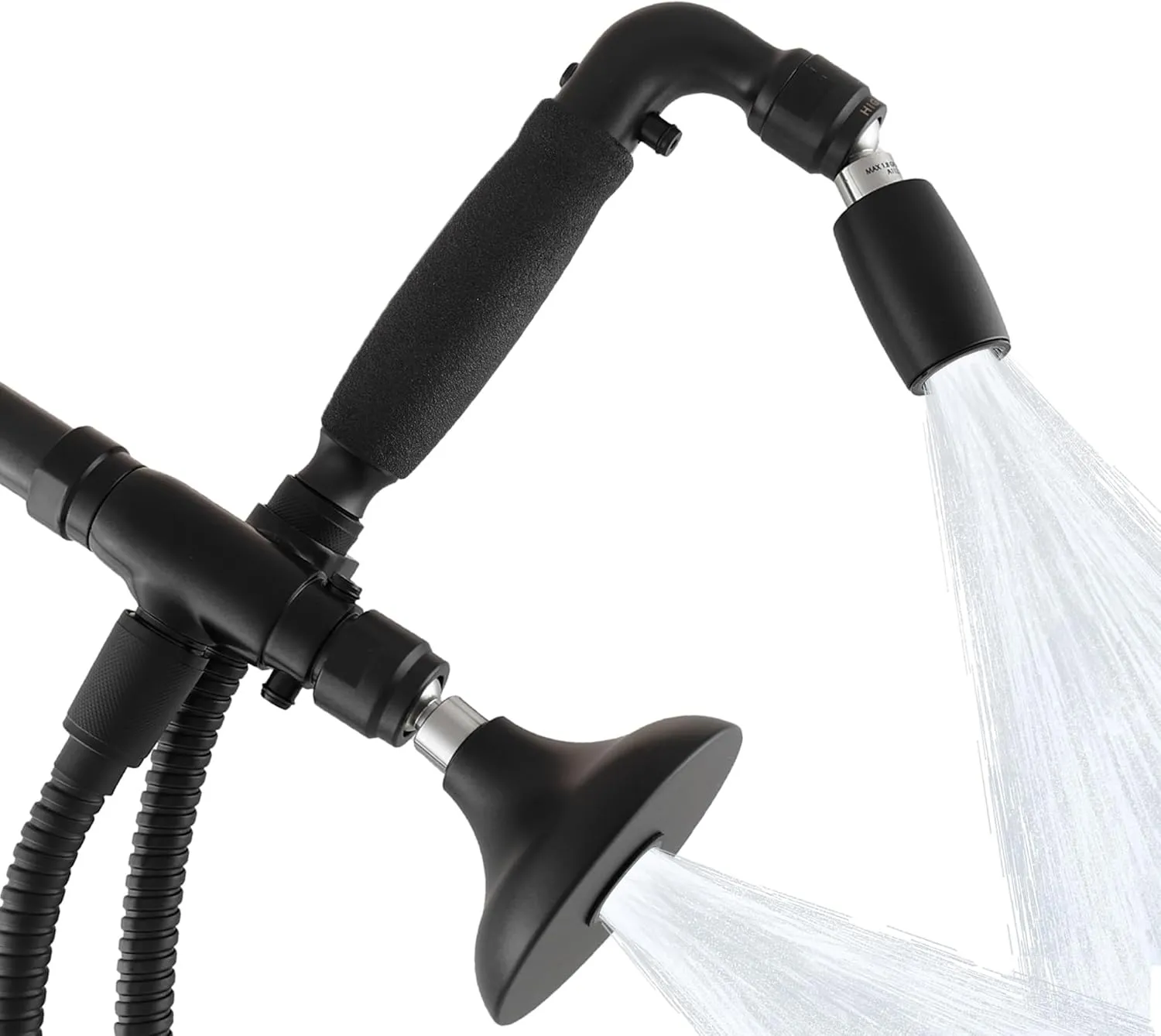High Sierra® - Solid Metal 4-Way Combo HALF DOME® Fixed and Hanheld Shower Heads with Slipped Free Rubber Grip. Run Separately or Both at Full Flow - 1.25 GPM per Shower Head - Matte Black Finish