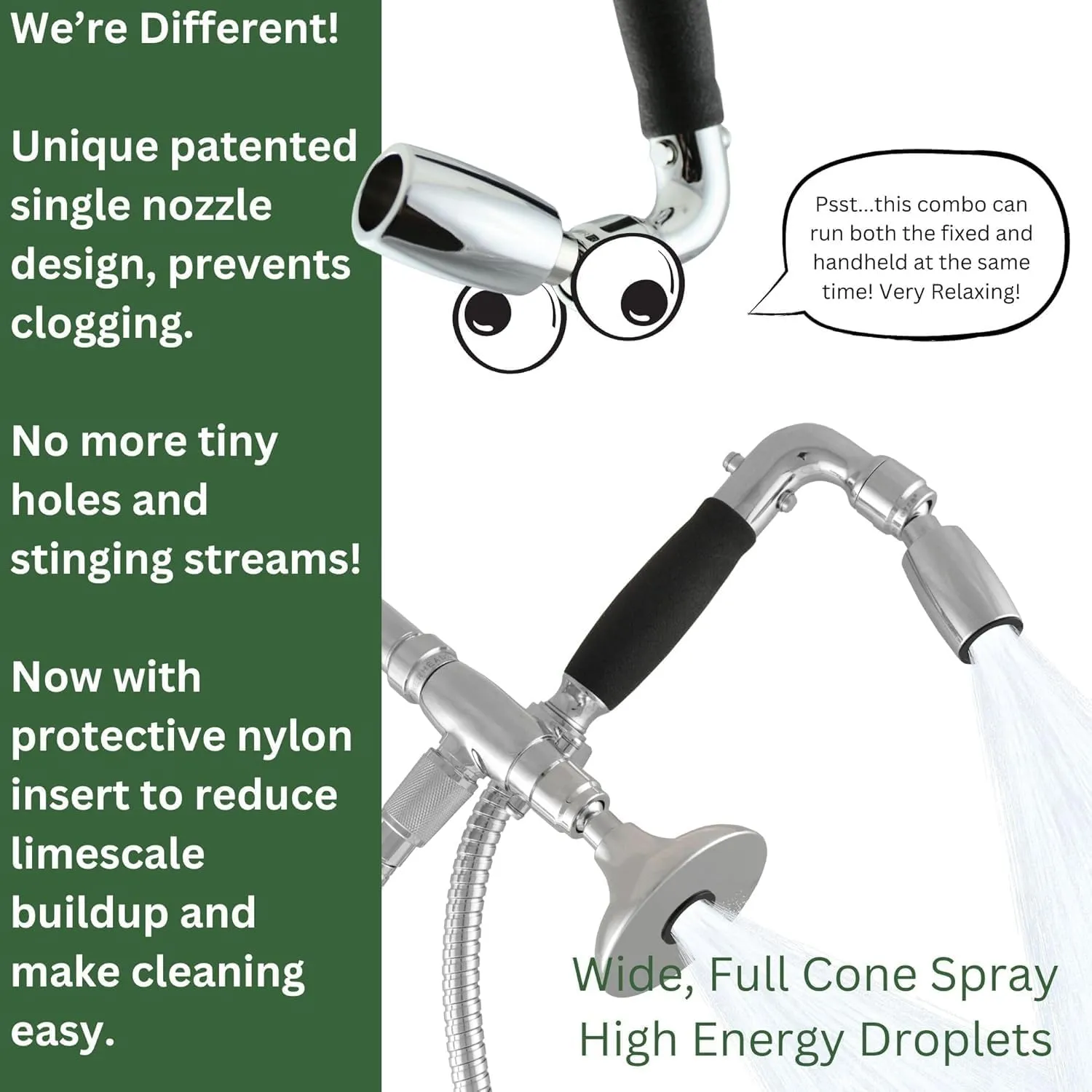 High Sierra® - Solid Metal 4-Way Combo HALF DOME® Fixed and Hanheld Shower Heads with Slipped Free Rubber Grip. Run Separately or Both at Full Flow - 1.25 GPM per Shower Head - Matte Black Finish