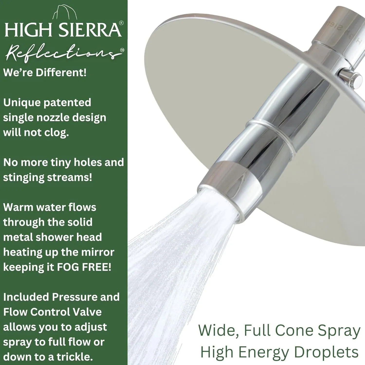 High Sierra® - Solid Metal 4-Way Combo REFLECTION™ Fixed and Hanheld Shower Heads with Slipped Free Rubber Grip. Run Separately or Both at Full Flow - 1.8 GPM per Shower Head - Polished Chrome Finish