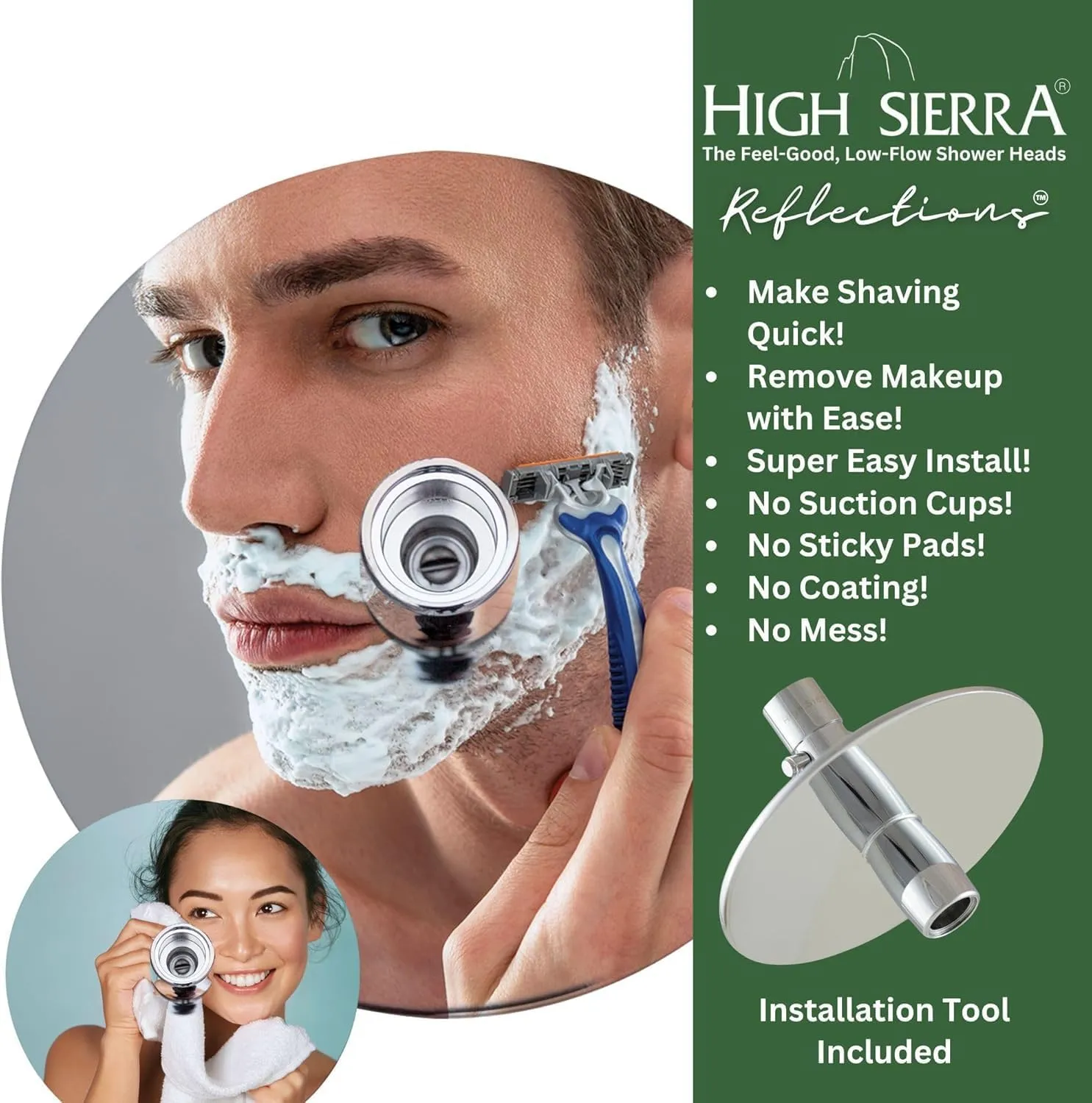 High Sierra® - Solid Metal 4-Way Combo REFLECTION™ Fixed and Hanheld Shower Heads with Slipped Free Rubber Grip. Run Separately or Both at Full Flow - 1.8 GPM per Shower Head - Polished Chrome Finish