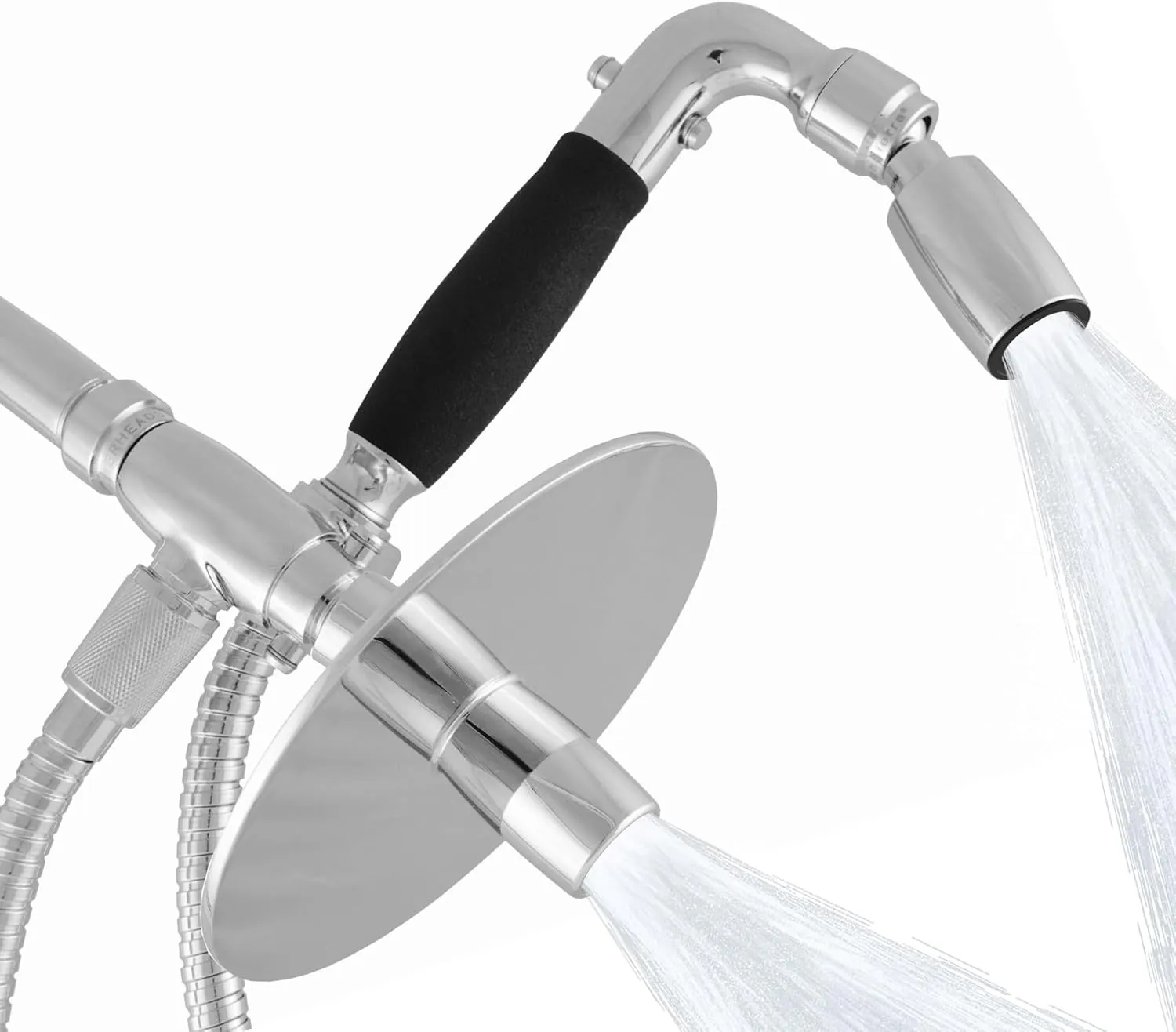 High Sierra® - Solid Metal 4-Way Combo REFLECTION™ Fixed and Hanheld Shower Heads with Slipped Free Rubber Grip. Run Separately or Both at Full Flow - 1.8 GPM per Shower Head - Polished Chrome Finish