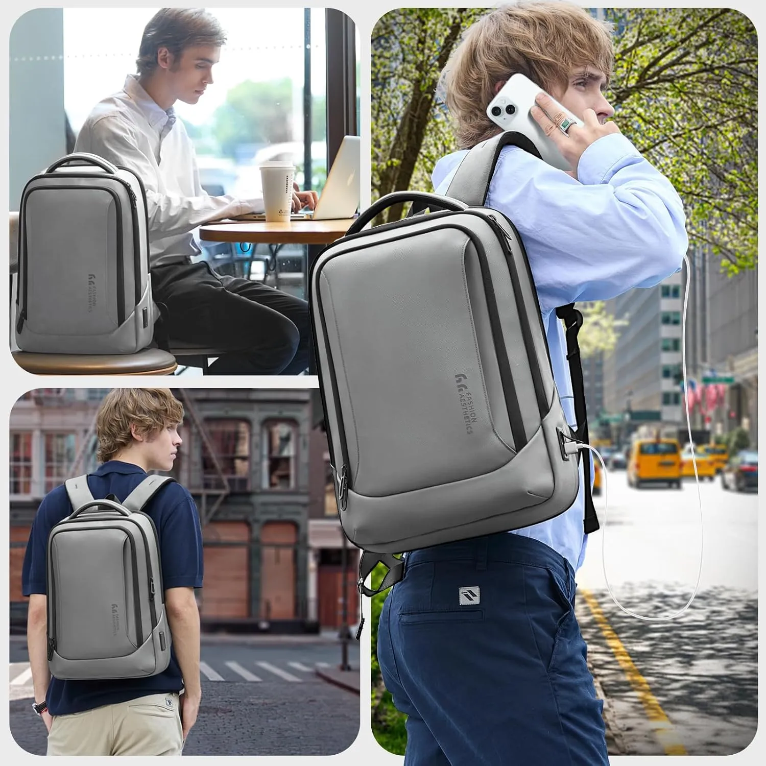 hk Laptop Backpack for Men with USB Charging Port Water-Resistant for 15.6 Inch Computer Bag Durable High-Tech Daypack Casual Backpack for Business Work College Weekender Travel- Grey