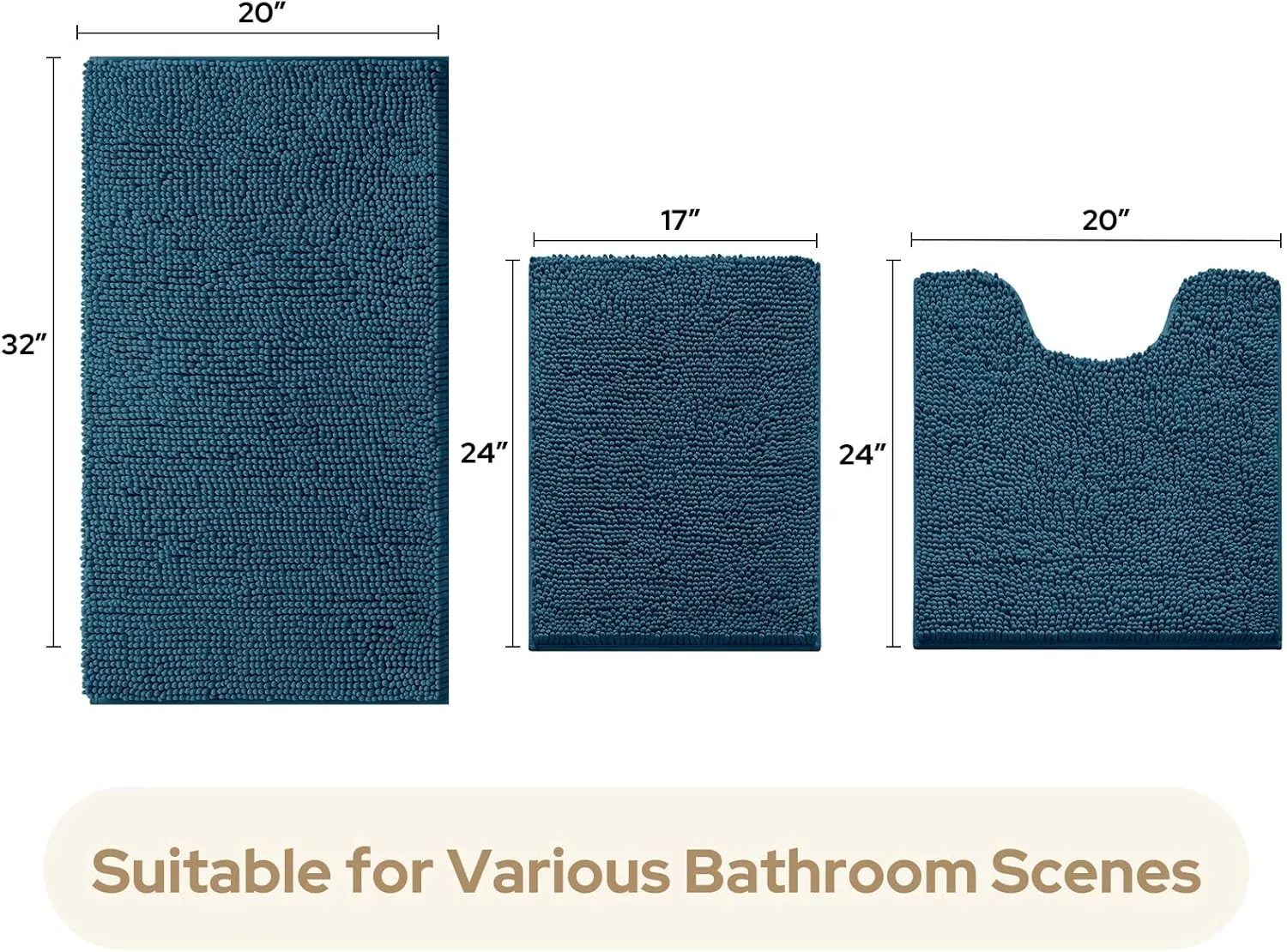 HOMEIDEAS 3 Pieces Bathroom Rugs, Extra Large Ultra Soft Non Slip Absorbent Chenille Toilet Bath Mat Set (Atlantic Blue)