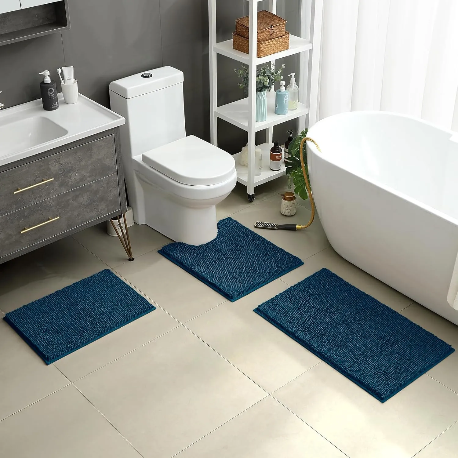 HOMEIDEAS 3 Pieces Bathroom Rugs, Extra Large Ultra Soft Non Slip Absorbent Chenille Toilet Bath Mat Set (Atlantic Blue)