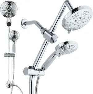 Hotel Spa - Spa Station 34" Adjustable Drill-Free Slide Bar with 48-setting Showerhead Combo & Height Extension Arm / 3-way Rain & Handheld Shower Head/Low Reach Diverter/Stainless Steel Hose/Chrome