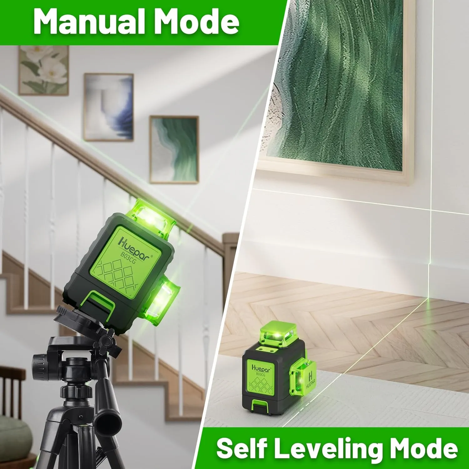 Huepar Laser Level 360 Self Leveling, 3 x 360° High Brightness Cross Line Laser for Construction and Picture Hanging, 12 Green Laser Level Tool with 5200 mAh Rechargeable Battery & Hard Carry Case