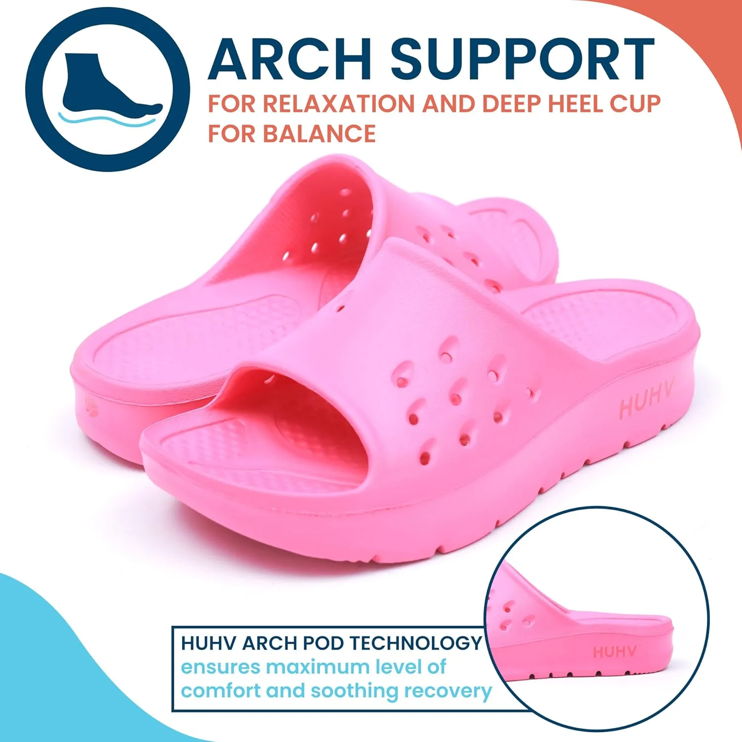 HUHV Women's MAX Cushion Arch Pod Tech Recovery comfort Slide Sandal with Comfort Orthotic Arch Support and our Proprietary HEALIUM Foam Technology