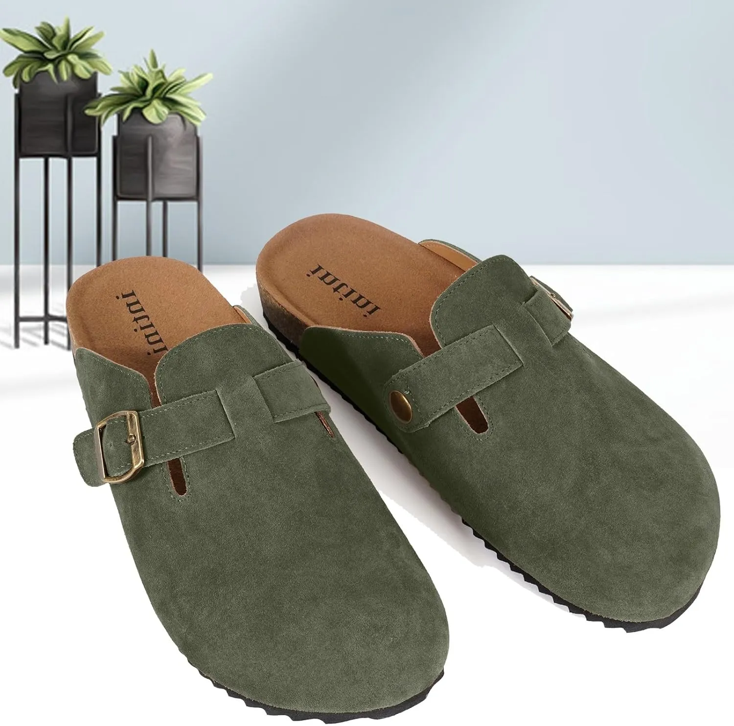 Intini Womens Suede Clogs Mens Leather Mules Cork Footbed Sandals with Arch Support