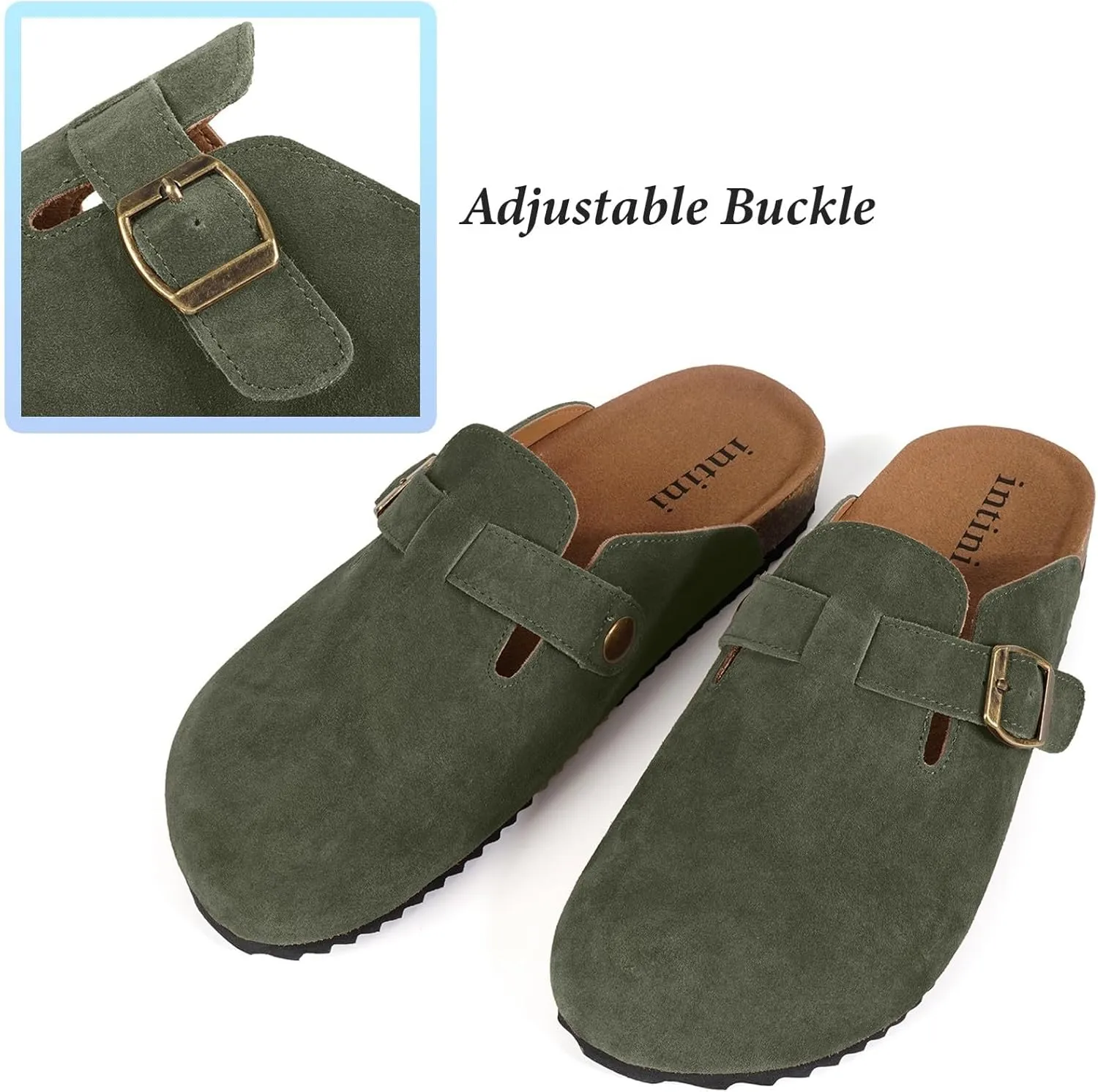 Intini Womens Suede Clogs Mens Leather Mules Cork Footbed Sandals with Arch Support