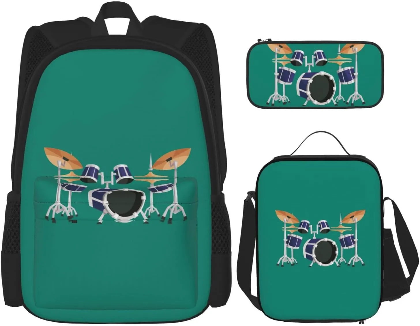 Jazz Drum Print Stylish Travel Backpack And Lunch Box Set,600d Oxford Fabric,With Insulated Lunch Bag