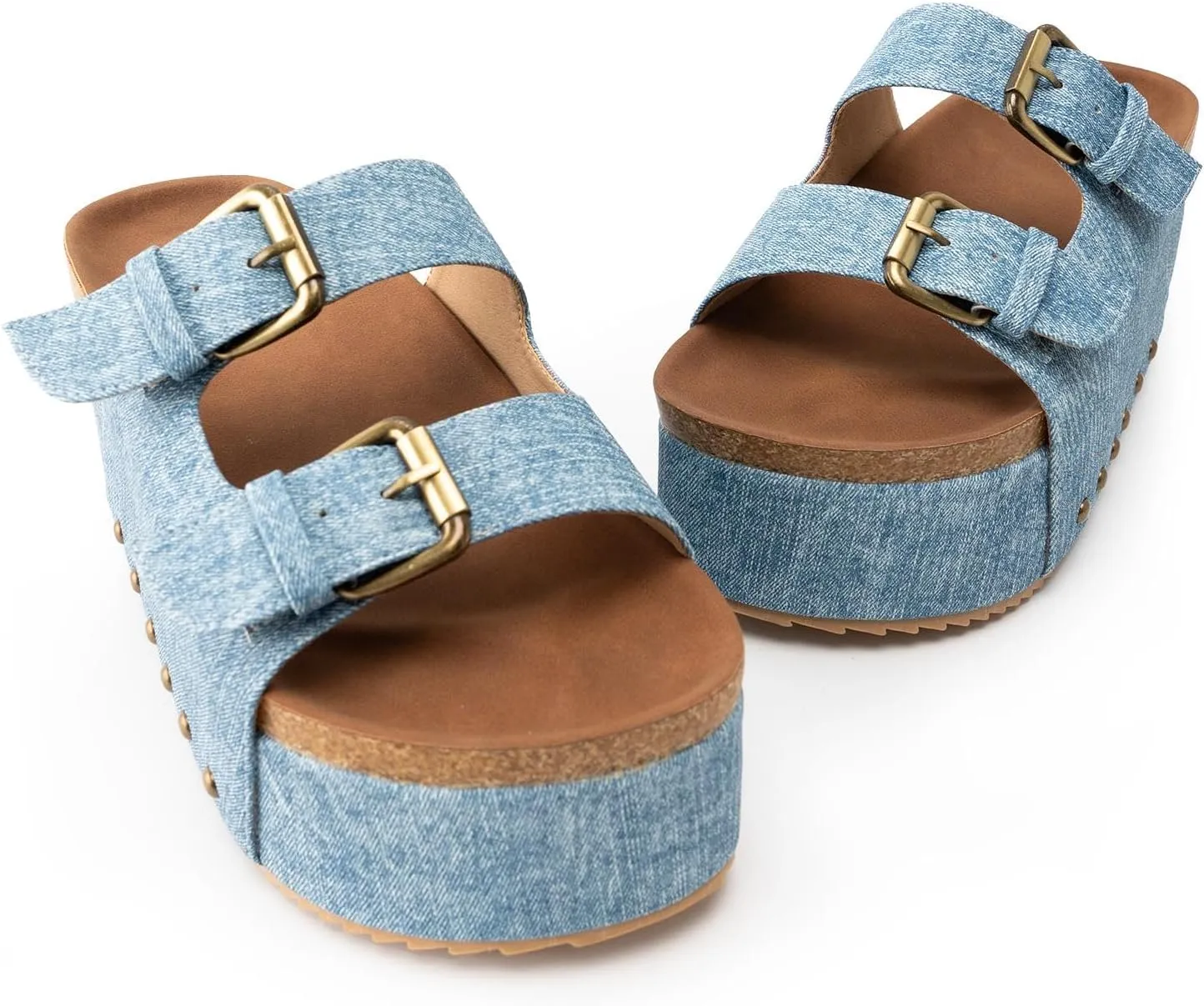 JORISTIMO Women's Cork Flatform Sandals Dual Buckled Band Suede Clogs Platform Slip On Sandals