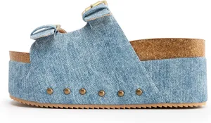 JORISTIMO Women's Cork Flatform Sandals Dual Buckled Band Suede Clogs Platform Slip On Sandals