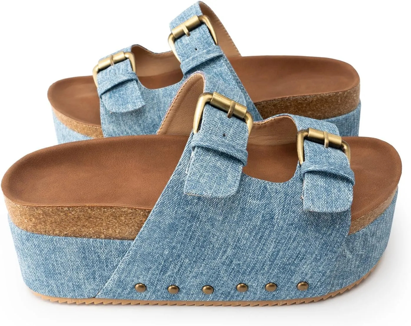 JORISTIMO Women's Cork Flatform Sandals Dual Buckled Band Suede Clogs Platform Slip On Sandals