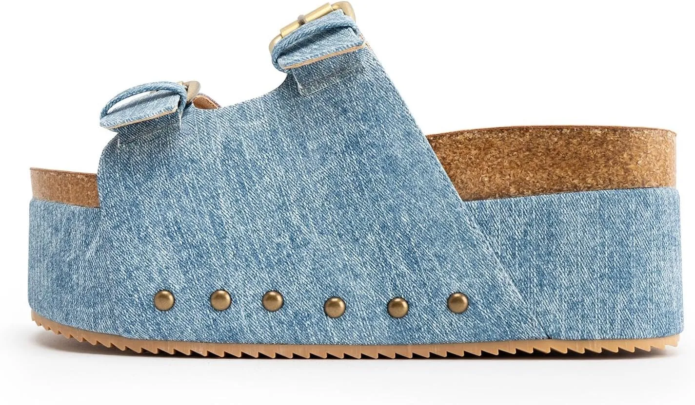 JORISTIMO Women's Cork Flatform Sandals Dual Buckled Band Suede Clogs Platform Slip On Sandals