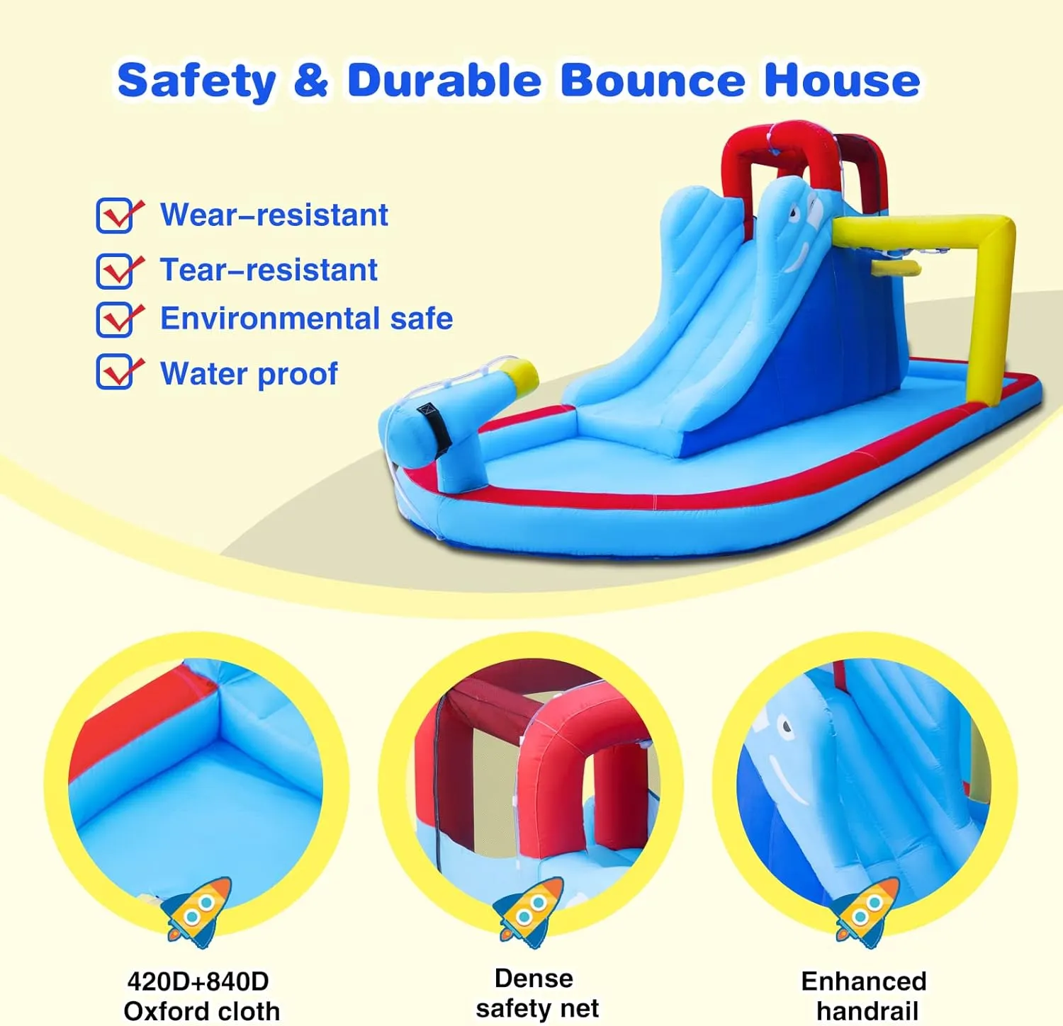 JOYLDIAS Inflatable Bounce House, Water Slide Bouncer Playhouse Castle w/Splash Pool, Climbing Wall, Basketball Hoop & Carry Bag, 480W Air Blower for Kids Backyard Indoor Outdoor Use, Free Water Gun