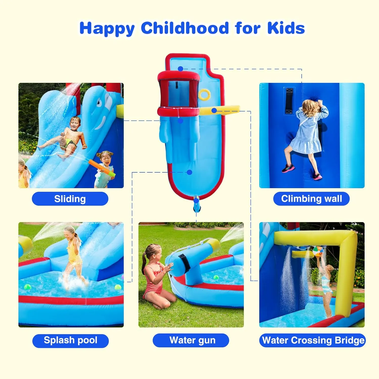 JOYLDIAS Inflatable Bounce House, Water Slide Bouncer Playhouse Castle w/Splash Pool, Climbing Wall, Basketball Hoop & Carry Bag, 480W Air Blower for Kids Backyard Indoor Outdoor Use, Free Water Gun