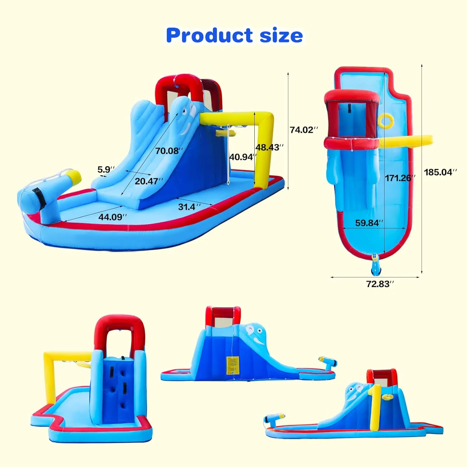 JOYLDIAS Inflatable Bounce House, Water Slide Bouncer Playhouse Castle w/Splash Pool, Climbing Wall, Basketball Hoop & Carry Bag, 480W Air Blower for Kids Backyard Indoor Outdoor Use, Free Water Gun