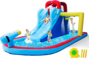 JOYLDIAS Inflatable Bounce House, Water Slide Bouncer Playhouse Castle w/Splash Pool, Climbing Wall, Basketball Hoop & Carry Bag, 480W Air Blower for Kids Backyard Indoor Outdoor Use, Free Water Gun