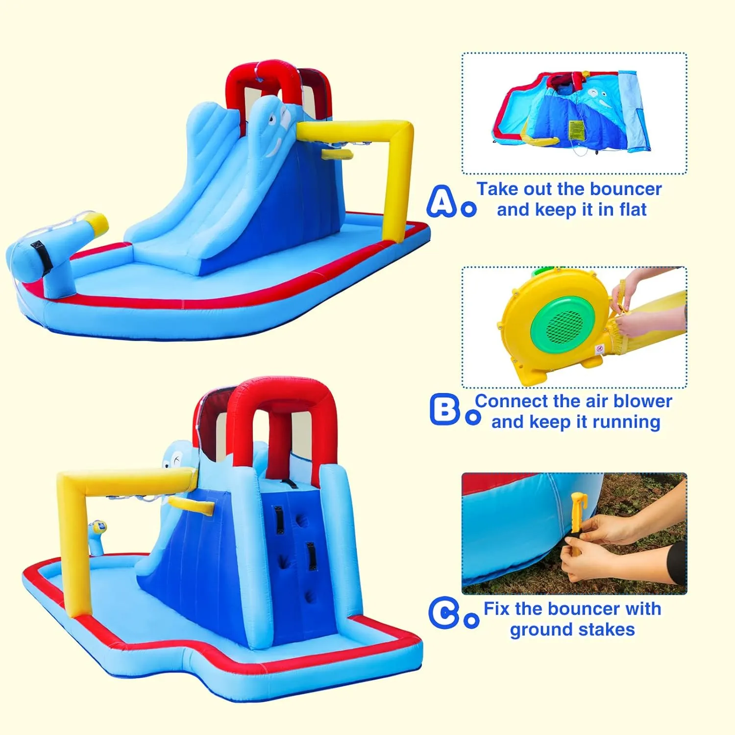 JOYLDIAS Inflatable Bounce House, Water Slide Bouncer Playhouse Castle w/Splash Pool, Climbing Wall, Basketball Hoop & Carry Bag, 480W Air Blower for Kids Backyard Indoor Outdoor Use, Free Water Gun