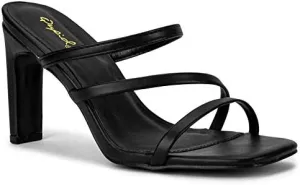 Kaylee Mules for Women - Black Faux Leather Open Toe Slip On Heels - 6